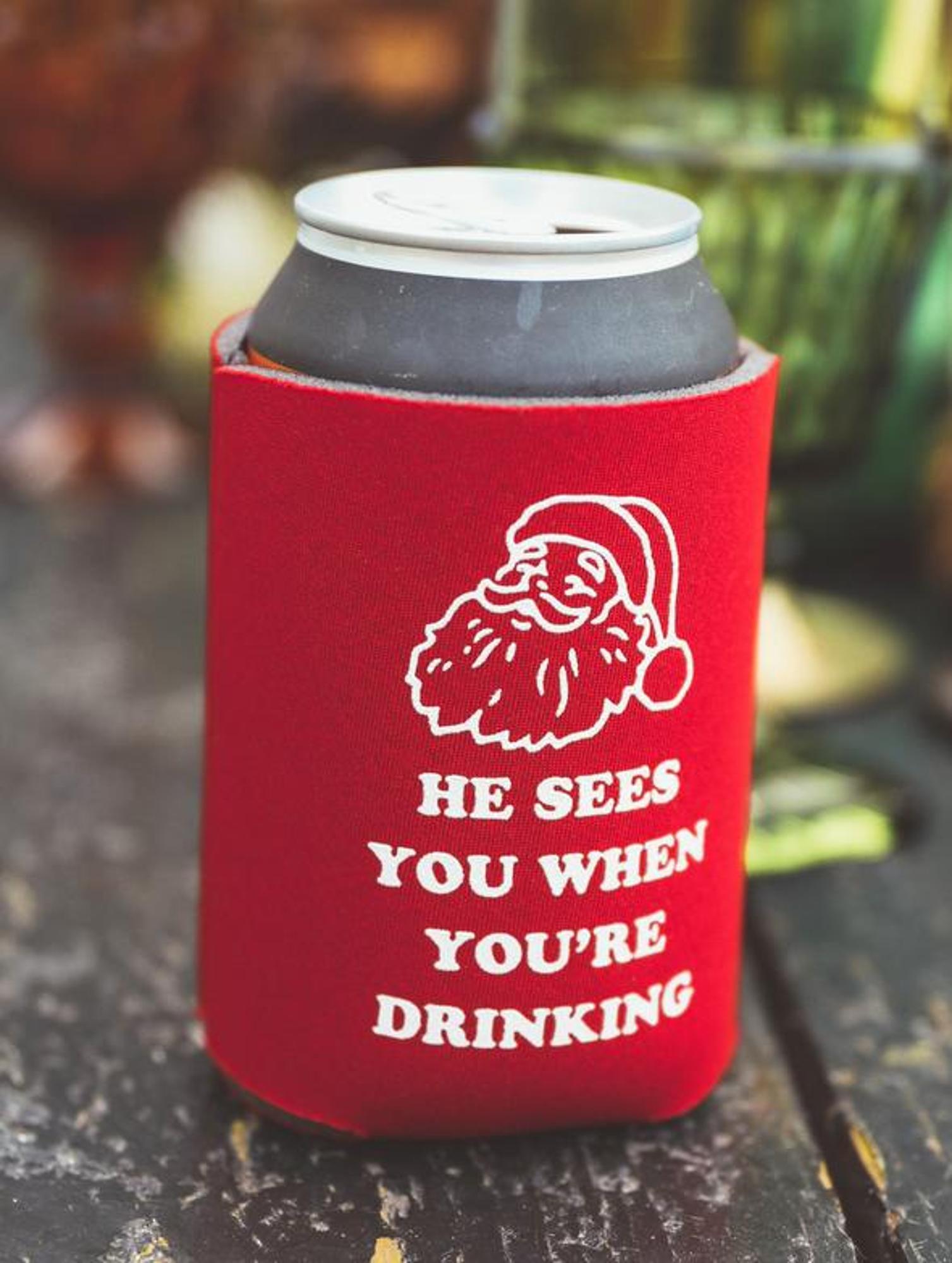 image of: He Sees You When You're Drinking Koozie