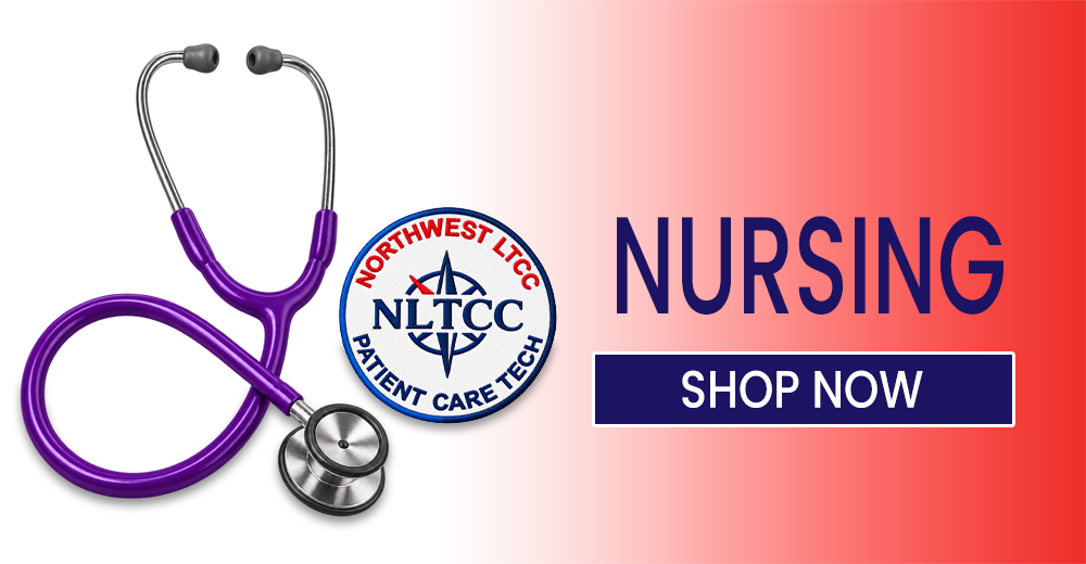 Purple stethoscope with Northwest LTCC logo and Nursing Shop Now banner.