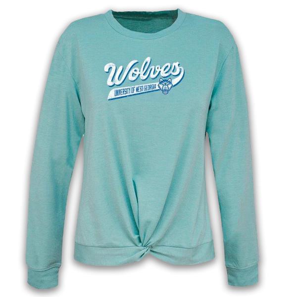 WOLF LOGO WOLVES TEXT GIGI TWIST FRONT LS TEE; $24.99