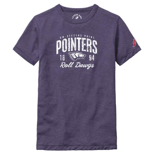 UWSP Youth Victory Falls Short Sleeve Tee, Pointers Roll Dawgs Logo, Heather Purple; $34.98