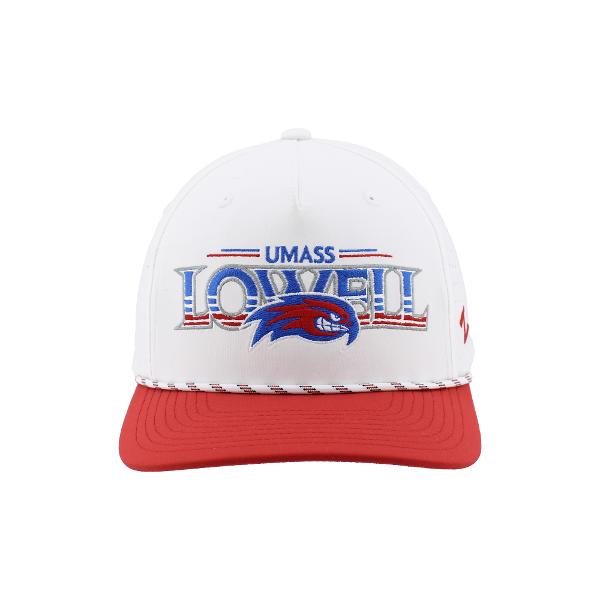 White UMass LOWELL Striper Snapback; $34.99