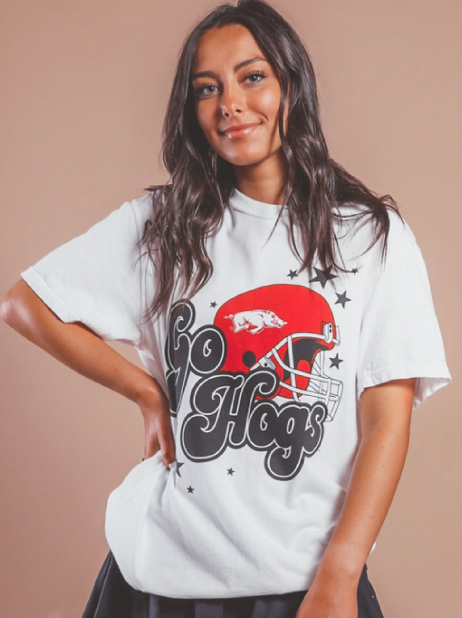 image of: Arkansas Razorbacks Football Women's Comfort Color Go Hogs Helmet Star Short Sleeve Tee- White