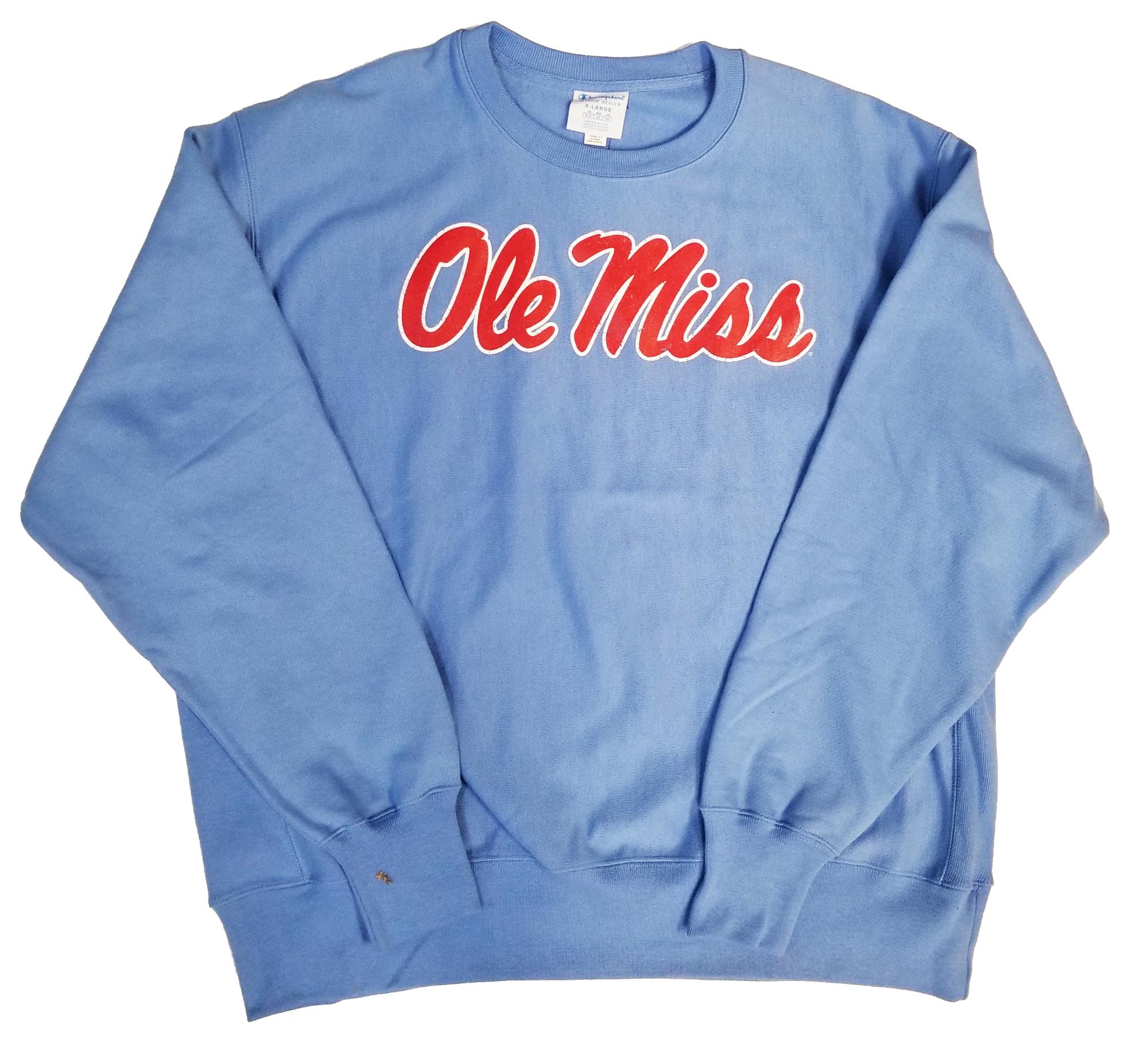 image of: Distressed Ole Miss Script Reverse Weave Crew