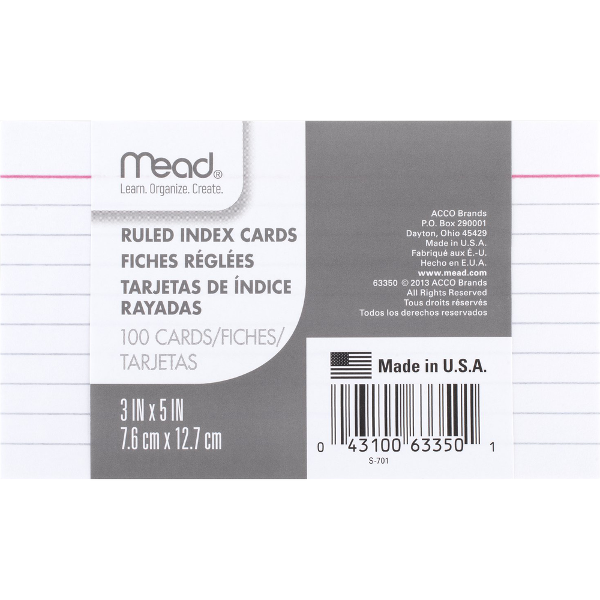 Mead 3in x 5in Ruled Index Cards, 100 Pack, White; $1.98