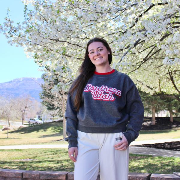 MV Sport Women’s Crewneck – Charcoal, Southern Utah Print; $32.99