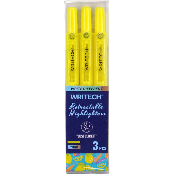 Writech Retractable Highlighter - Yellow 4mm Chisel 3Pk BP Neon; $6.99