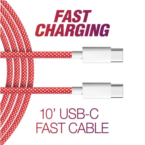 CABLE 10' USB-C TO USB-C FAST RED; $11.99