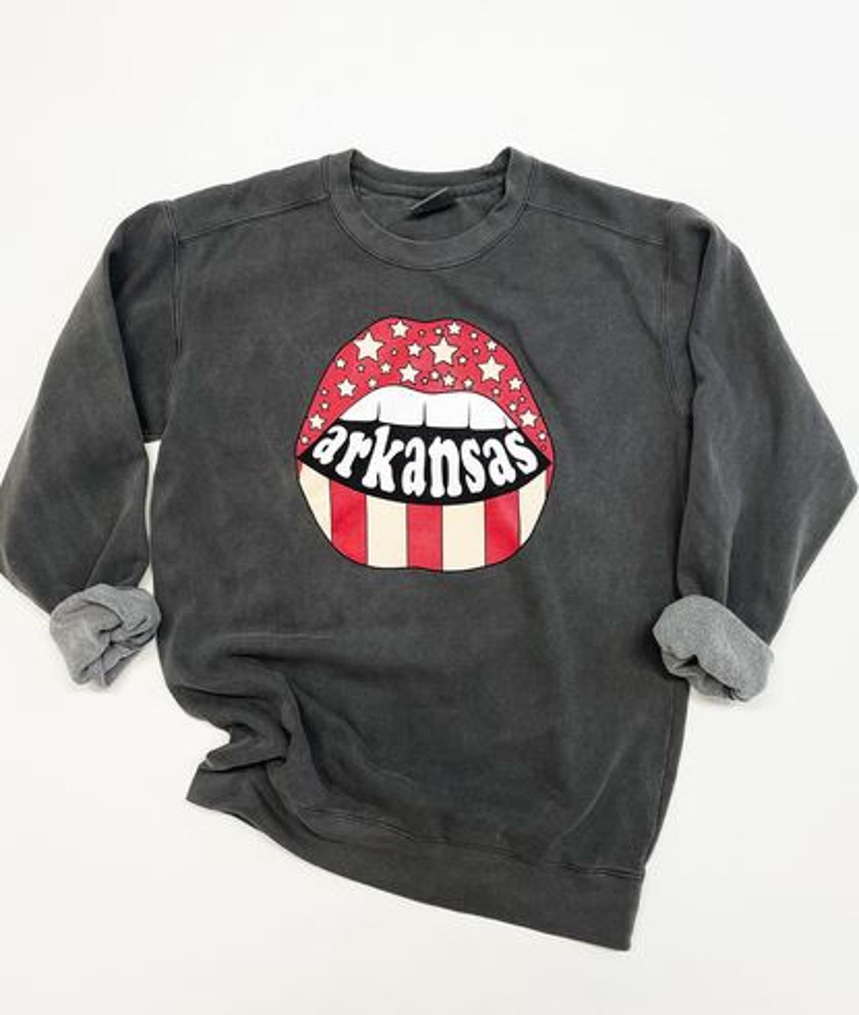 image of: Arkansas Razorbacks Women's Comfort Color Lips Sweatshirt- Pepper