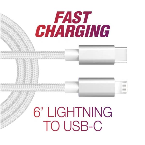 CABLE 6' LIGHTNING USB-C FAST BRAIDED WHITE; $13.99