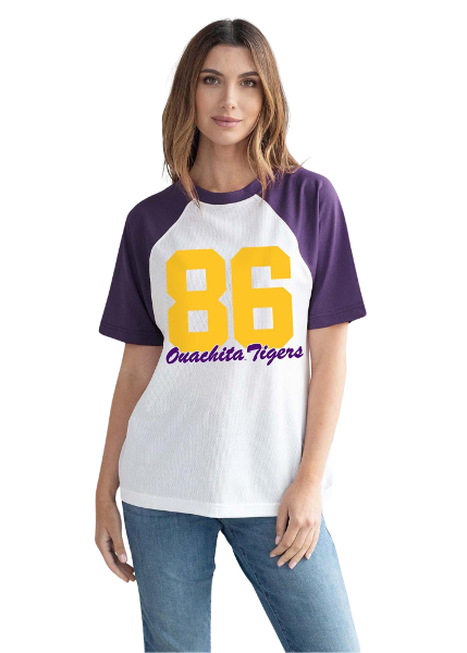 * FINAL SALE * Ouachita Tigers Women's Run It Back Raglan Short Sleeve Top, Purple; $32.99