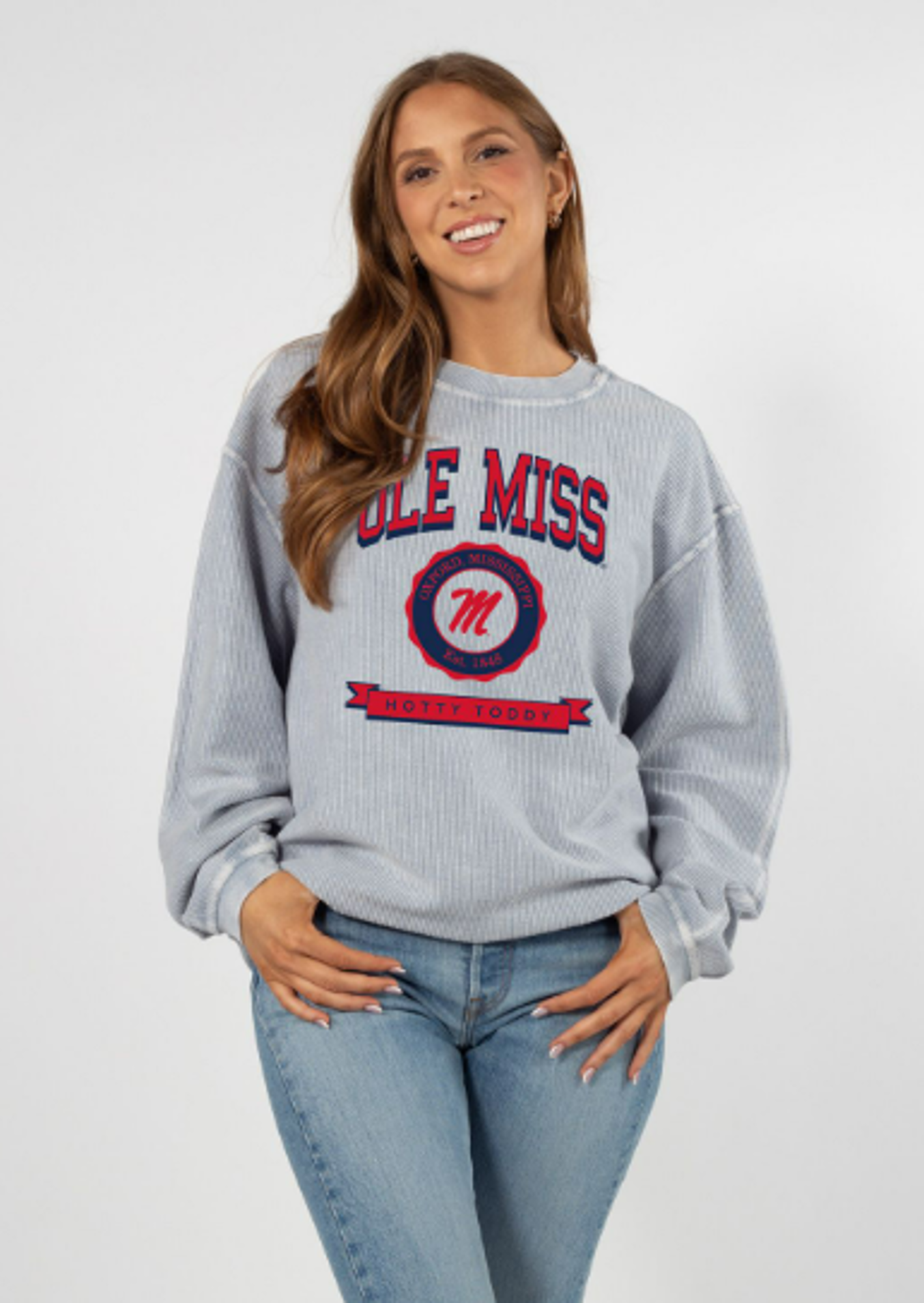 image of: Ole Miss Banner Corded Crew Faded Denim
