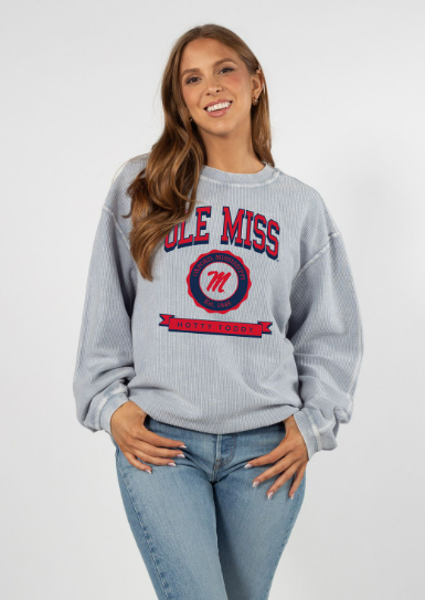 Ole Miss Banner Corded Crew Faded Denim; $59.99