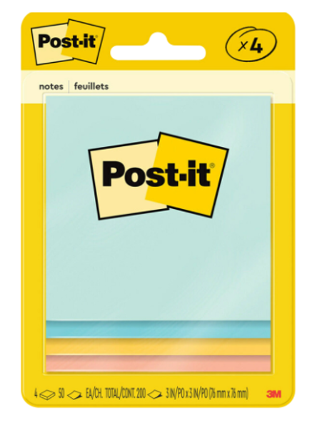 Post-It 3in x 3in Sticky Notes, 4 Pack; $5.98