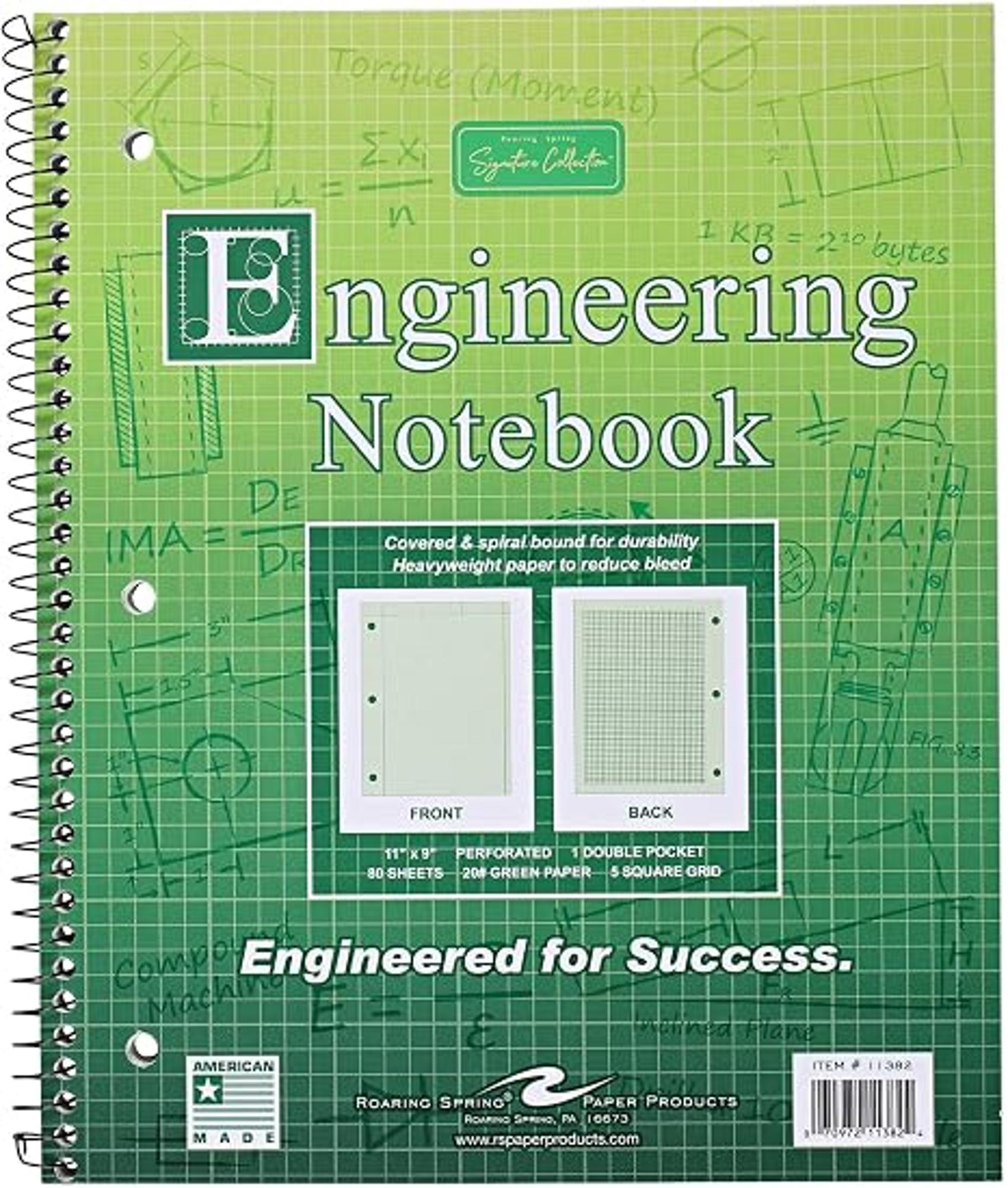Product image 1 of 1 for Roaring Spring Graph Ruled Spiral Engineering Notebook, Engineering Graph Paper, 5x5 Enclosed Grid, 8.5" x 11", 80 Perforated Sheets, 3 Hole Punched, Green Tinted Sheets,