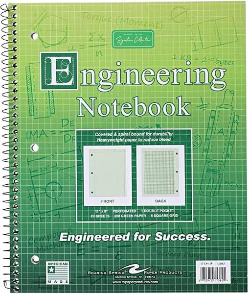 Roaring Spring Graph Ruled Spiral Engineering Notebook, Engineering Graph Paper, 5x5 Enclosed Grid, 8.5" x 11", 80 Perforated Sheets, 3 Hole Punched, Green Tinted Sheets,; $9.99