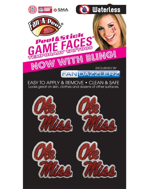 image of: Ole Miss Script Waterless Fan Dazzlerz Temporary Tattoos Set/4