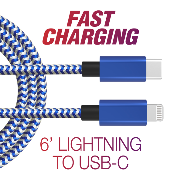 Lightning to USB-C - Fast Cable - Blue/Grey, 6ft; $12.99
