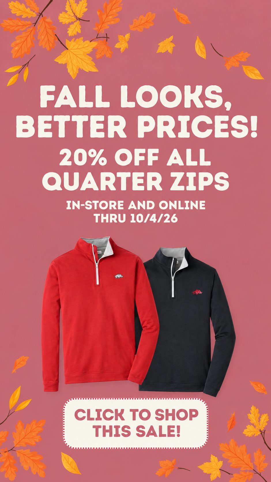 Click to shop 20% off quarter zips!