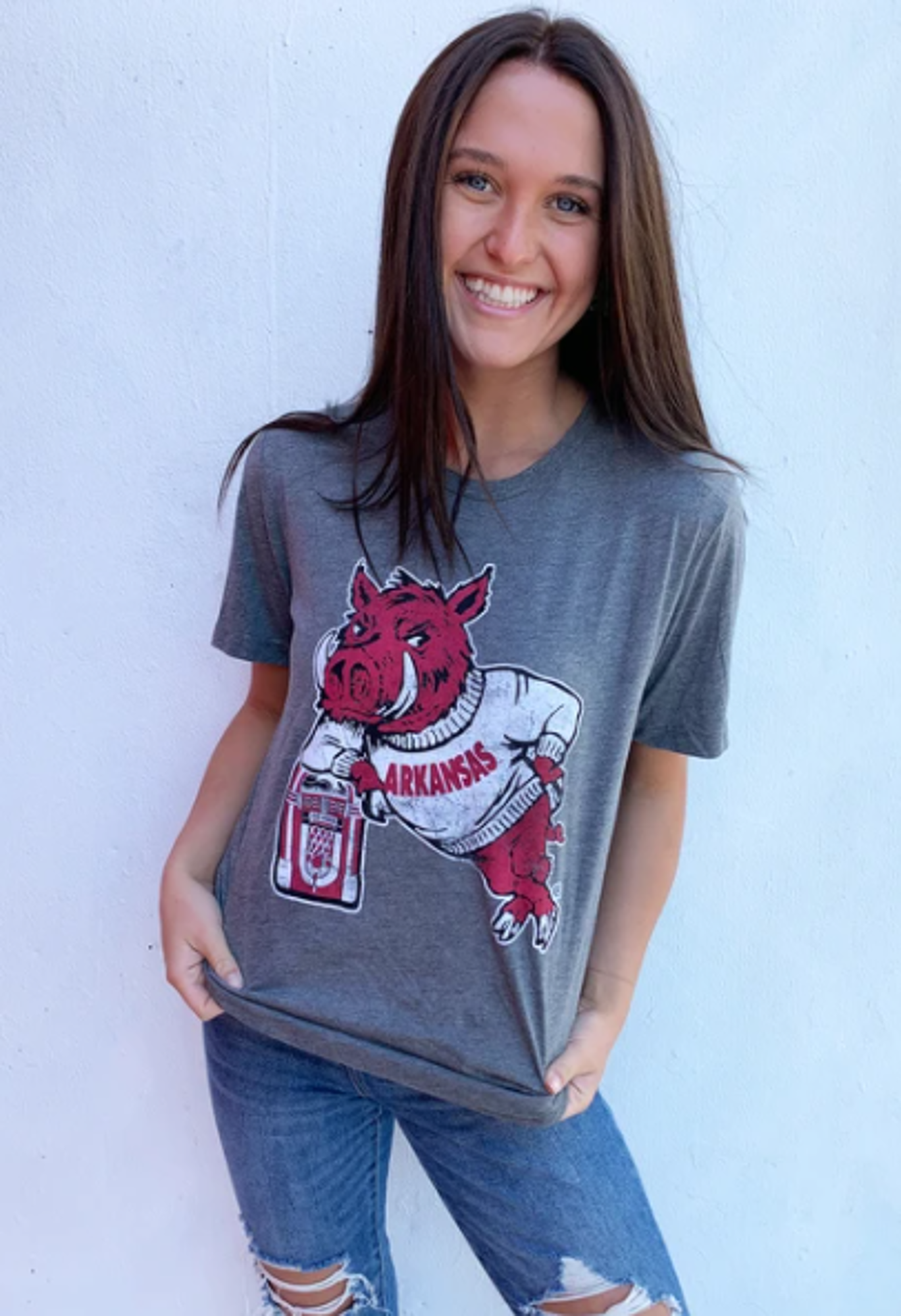 image of: Arkansas Razorbacks Football Hog Leaning on Jukebox Triblend Short Sleeve Tee