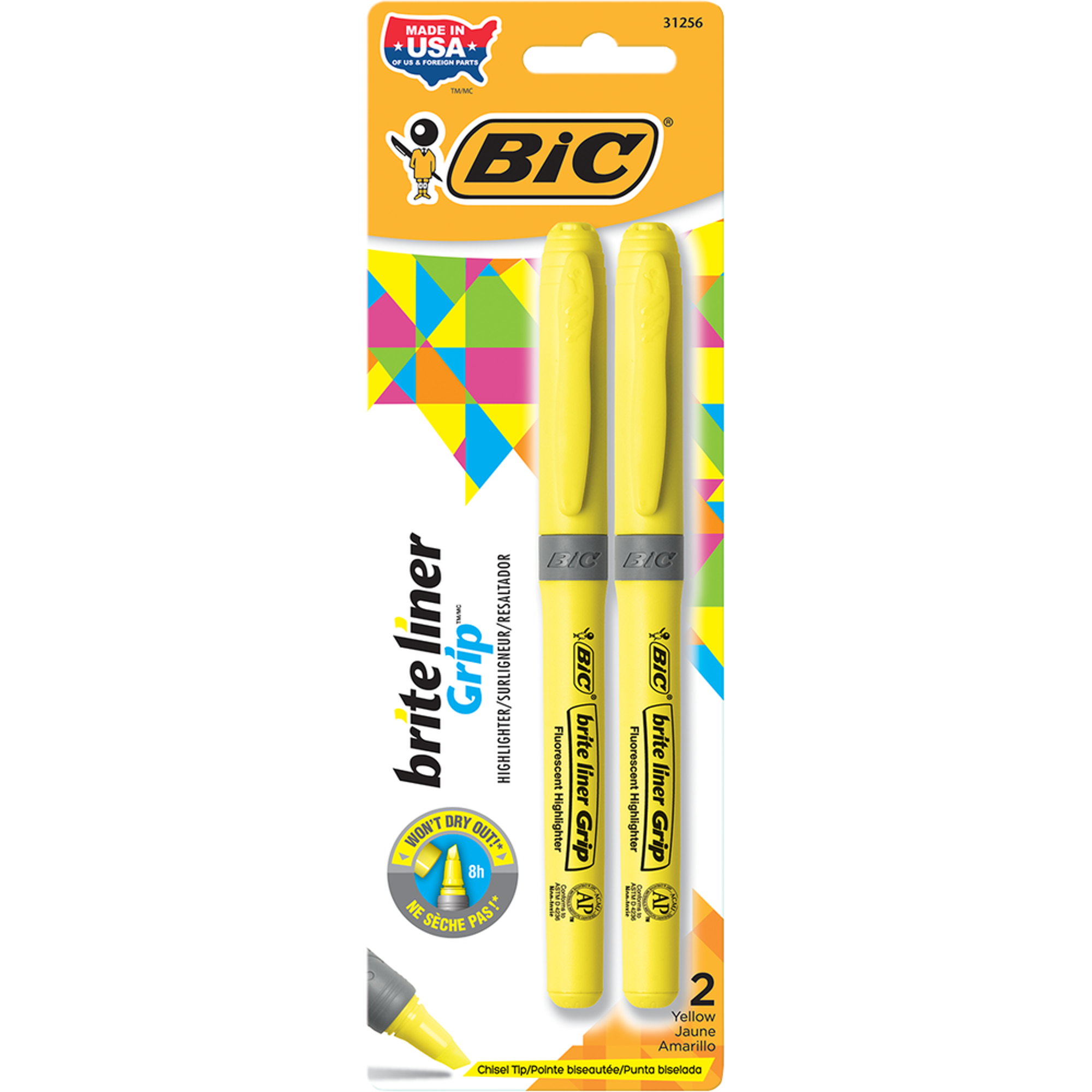 image of: Bic Brite Liner Grip Pen Style Highlighter - Yellow Chisel 2Pk BP