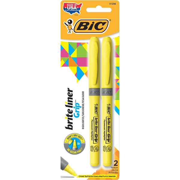 Bic Brite Liner Grip Pen Style Highlighter - Yellow Chisel 2Pk BP; $2.99