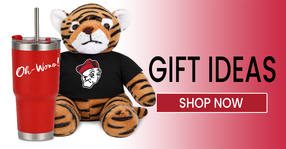 A college branded teddy bear and travel mug next to the text Gift Ideas Shop Now.