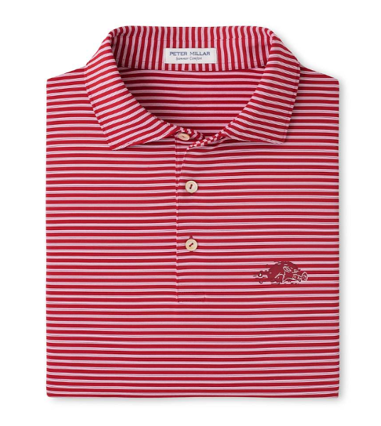Arkansas Razorbacks Peter Millar Tiebreaker Performance Jersey Stripe Polo; $150.00