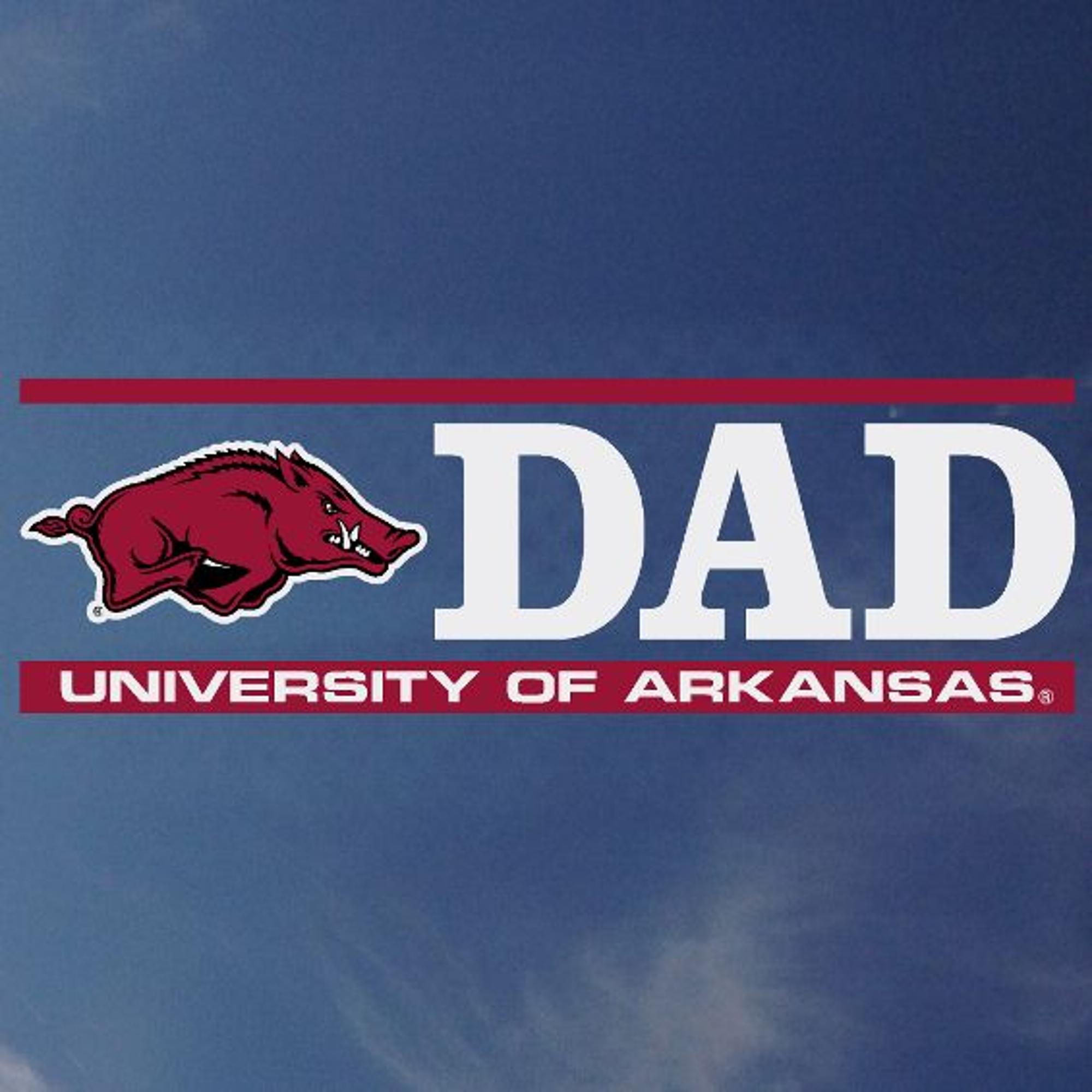 image of: Arkansas Razorbacks Running Hog Next to Dad over University of Arkansas Decal