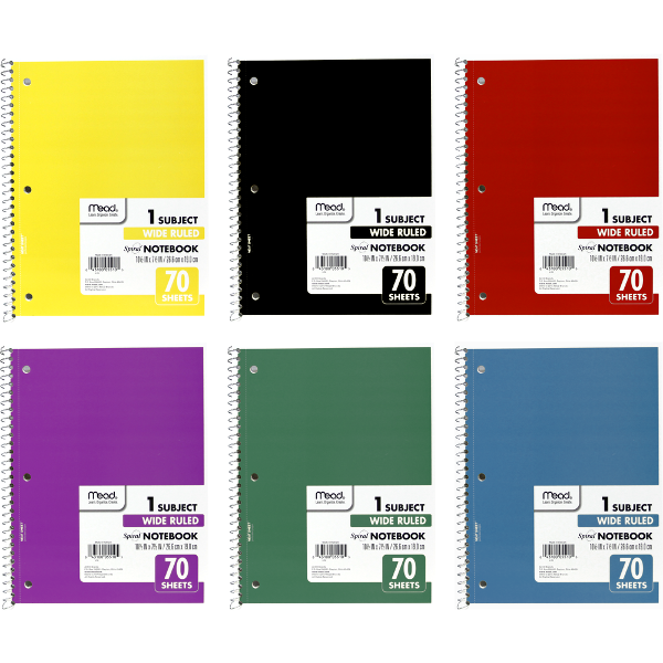 MEAD 1 SUBJECT NOTEBOOK 10.5X7.5 WIDE RUELD  70 COUNT; $1.99