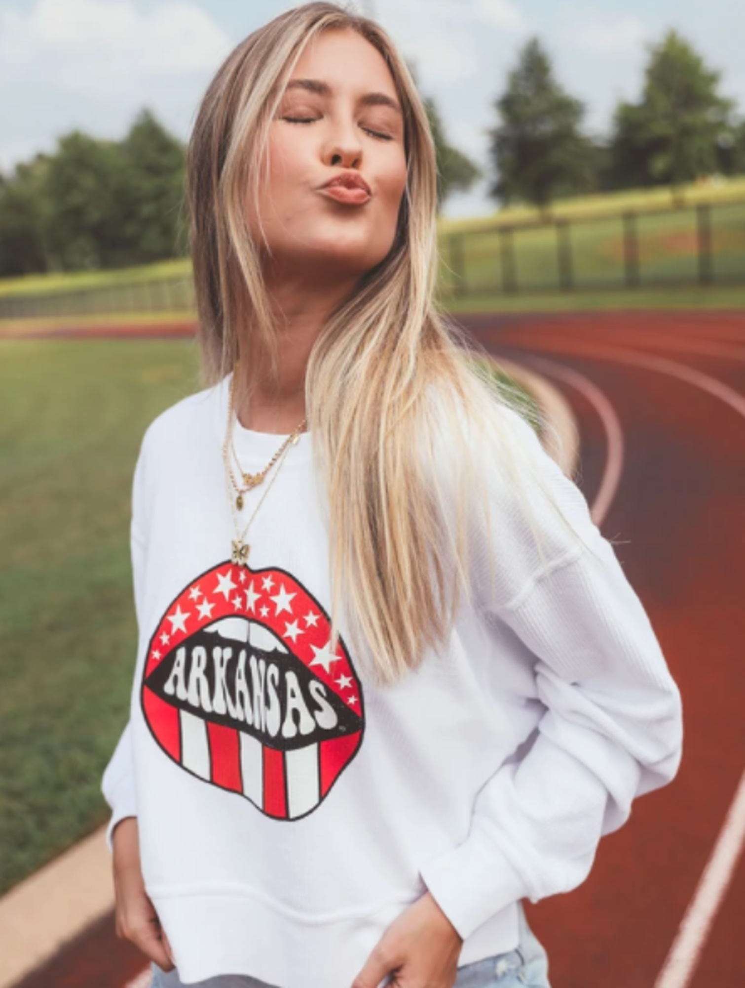 image of: Arkansas Razorbacks Lips Star Cropped Corded Crew- White