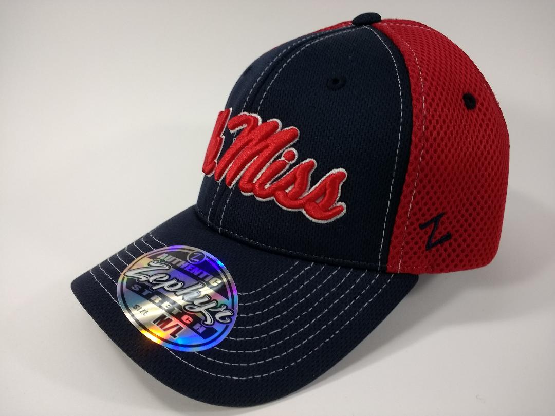 image of: Ole Miss Script Rally Navy w/Red Mesh Semi Fitted Hat