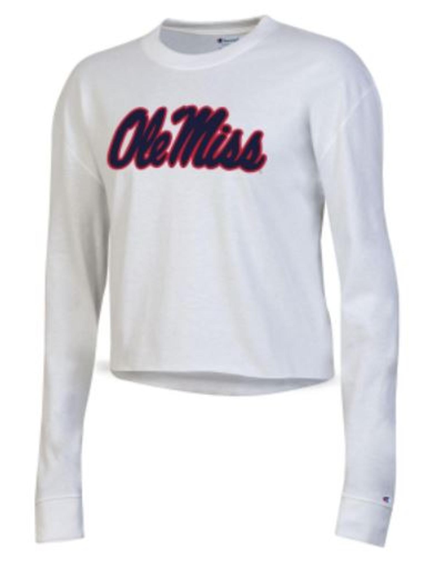 image of: Womens Ole Miss Script Boyfriend Crop Long Sleeve Tee
