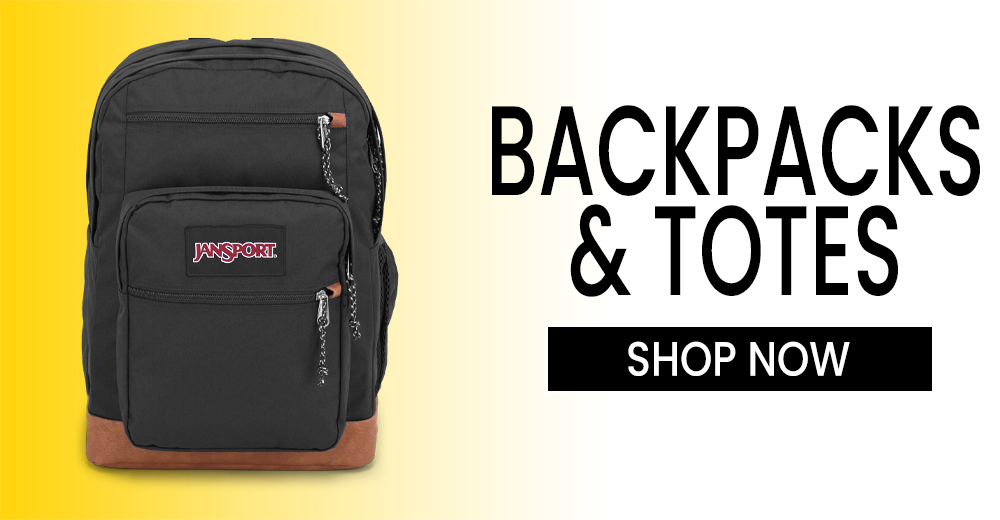 Image of a Backpack with a shopping link. "Shop Backpacks and Totes"