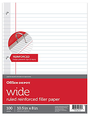 image of: Office Depot® Brand Reinforced Filler Paper, 8" x 10 1/2", 16 Lb, Wide Ruled, White, Pack Of 100