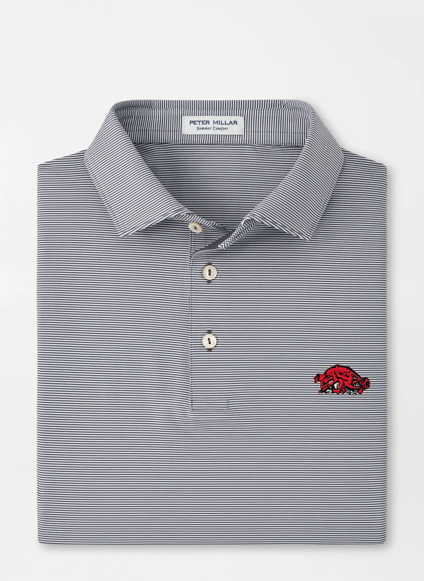 image of: Arkansas Razorbacks Peter Millar Men's Jubilee Stripe Stretch Jersey with Slobber Hog