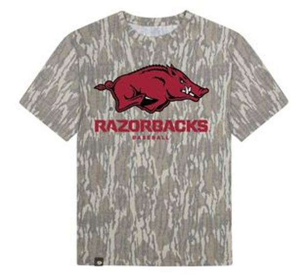 Arkansas Razorbacks Baseball Running Hog Mossy Oak Short Sleeve Tee; $40.00