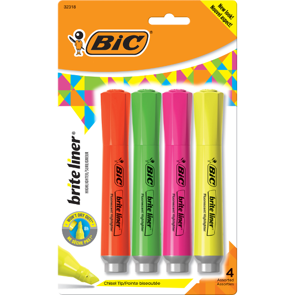 BIC Brite Liner Grip Highlighters, Tank Style, 4 Pack; $5.98