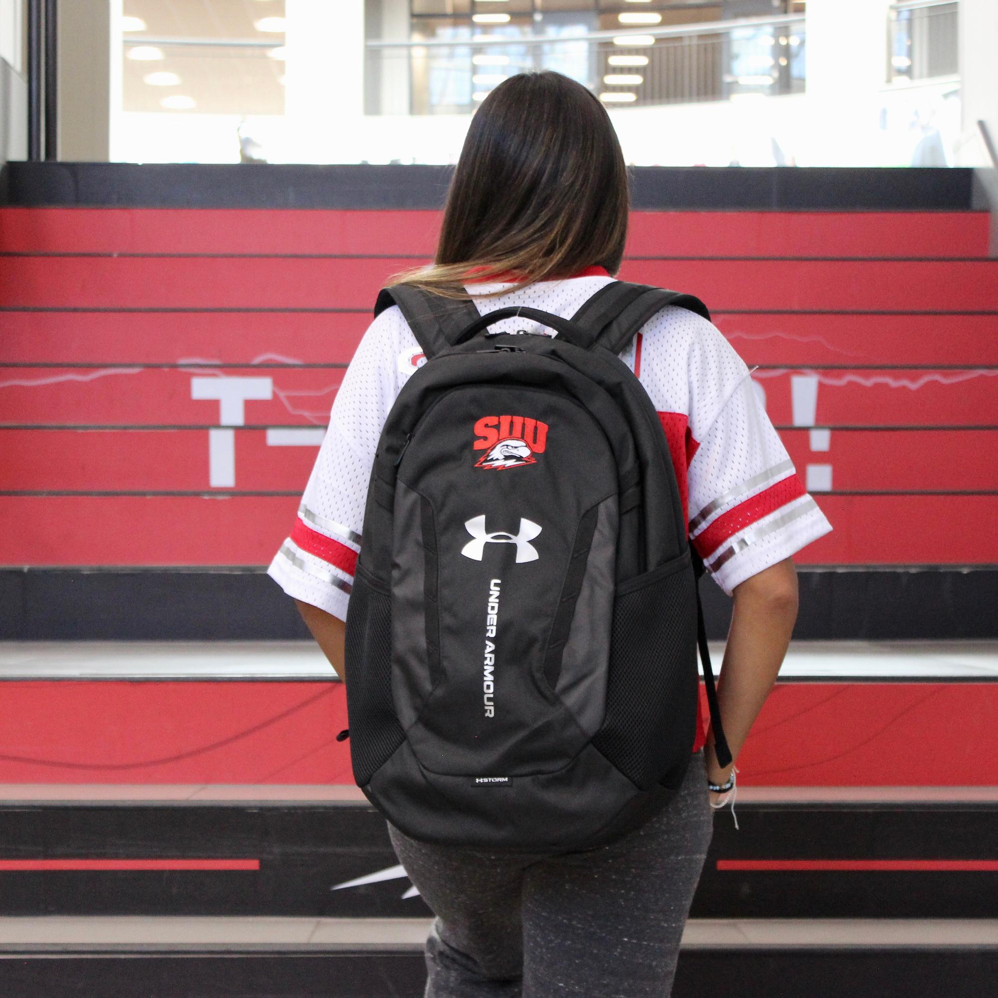 image of: UA HUSTLE 6.0 BLACK BACKPACK SUU/THOR