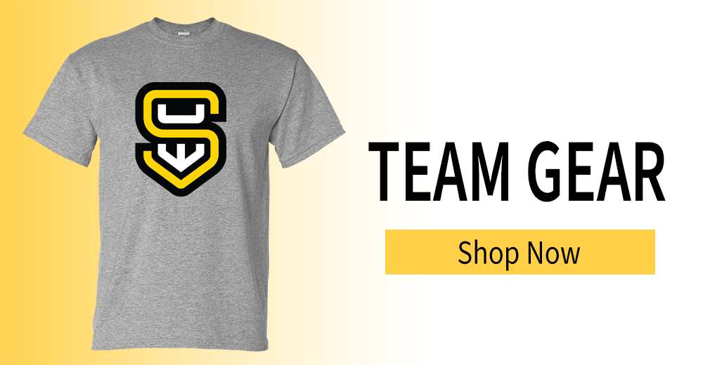 Team gear: grey T-shirt displaying the school logo, campus logo options, Shop Now button