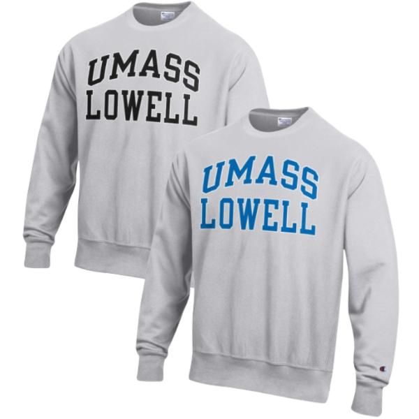 Reverse Weave Crew Silver Grey UMass Lowell; $79.99