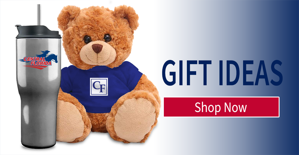 A college branded teddy bear and travel mug next to the text Gift Ideas Shop Now.