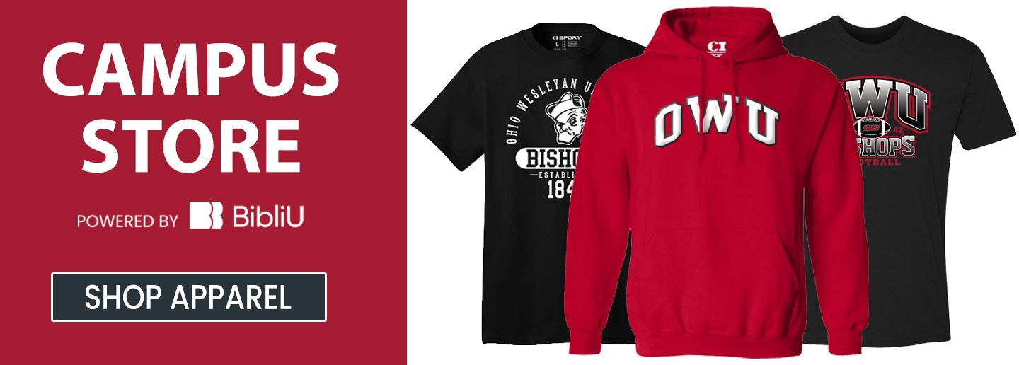 Campus Store banner powered by BibliU showing OWU apparel and Shop Apparel button