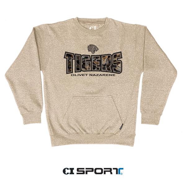 Olivet Nazarene Tigers Camo Pocket Crew, Latte Heather; $59.99