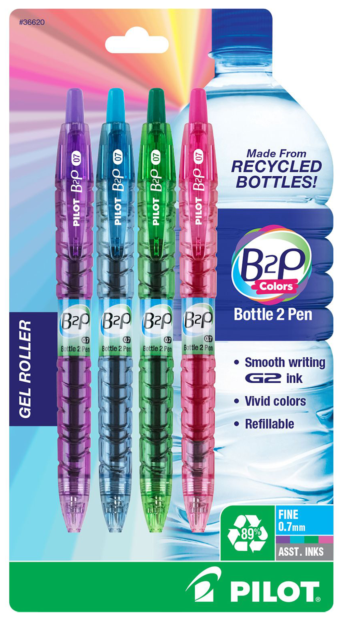 Product image 1 of 1 for Pilot B2P Colors Retractable Gel Pen - Asst .7mm 4Pk BP Mixed Chip