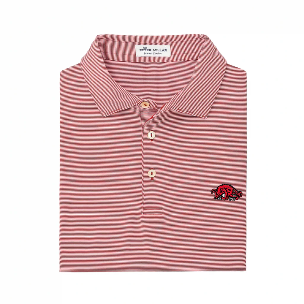 image of: Arkansas Razorbacks Peter Millar Men's Jubilee Stripe Stretch Jersey with Slobber Hog