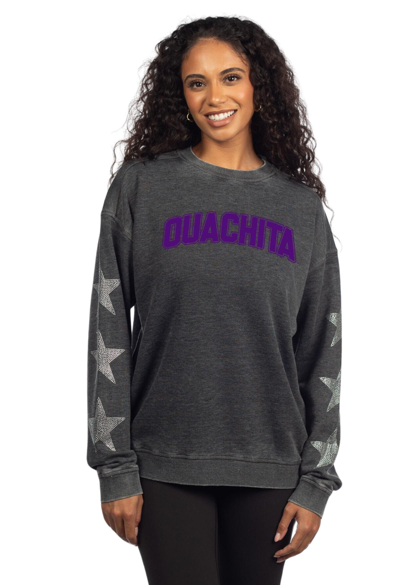 image of: Ouachita Stars Women's Campus Crew Star Sleeve Sweatshirt, Charcoal
