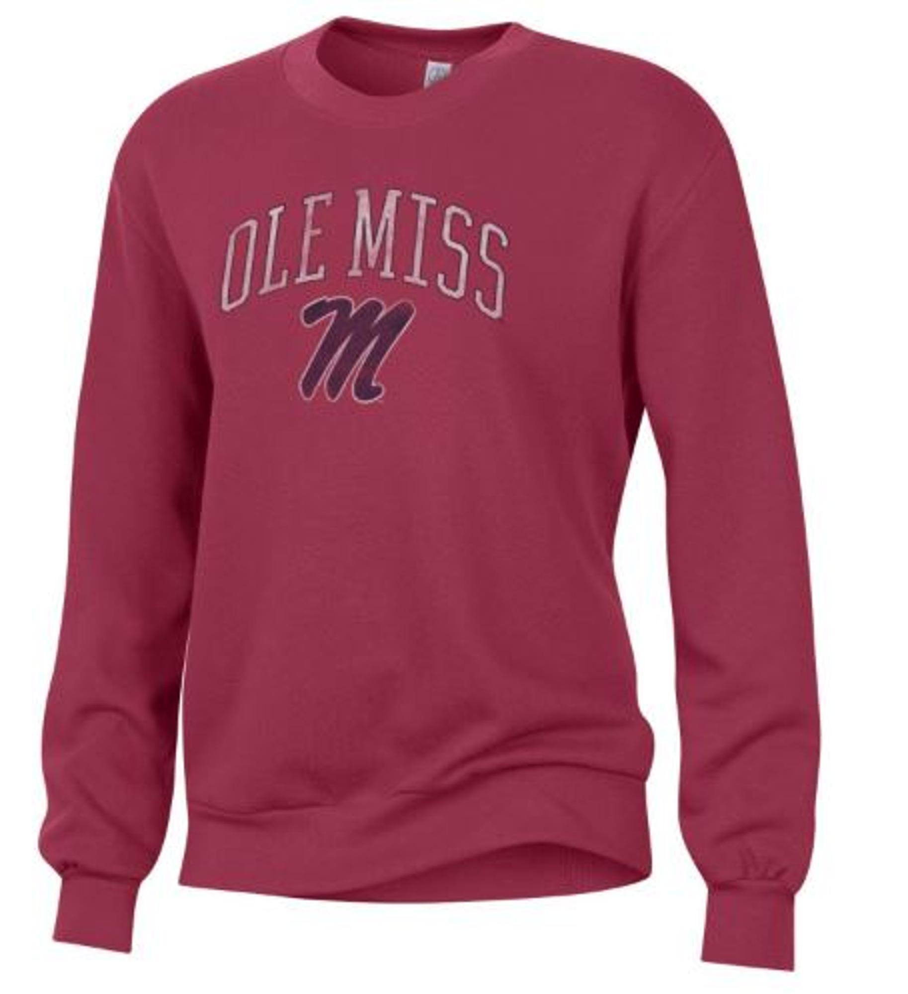 image of: Ole Miss Cursive M Washed Terry Throwback Pullover Faded Red