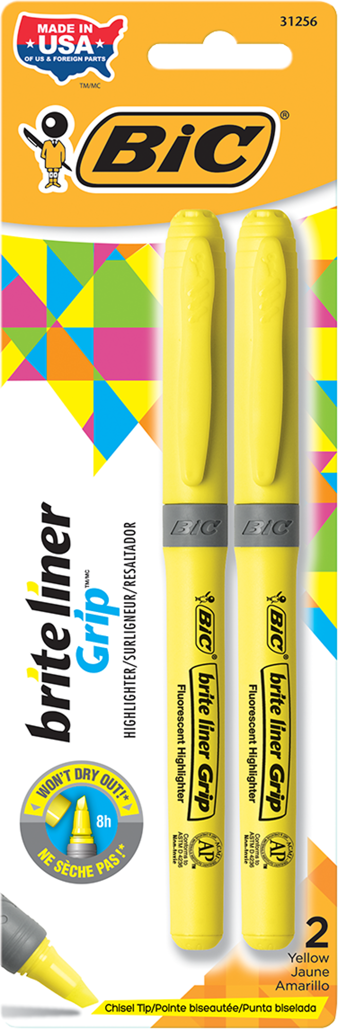 image of: Bic Brite Liner Grip Pen Style Highlighter - Yellow Chisel 2Pk BP