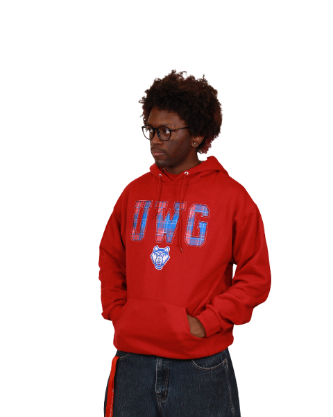 UWG PLAID TEXT WOLF LOGO JUSTUS HOODIE; $44.99