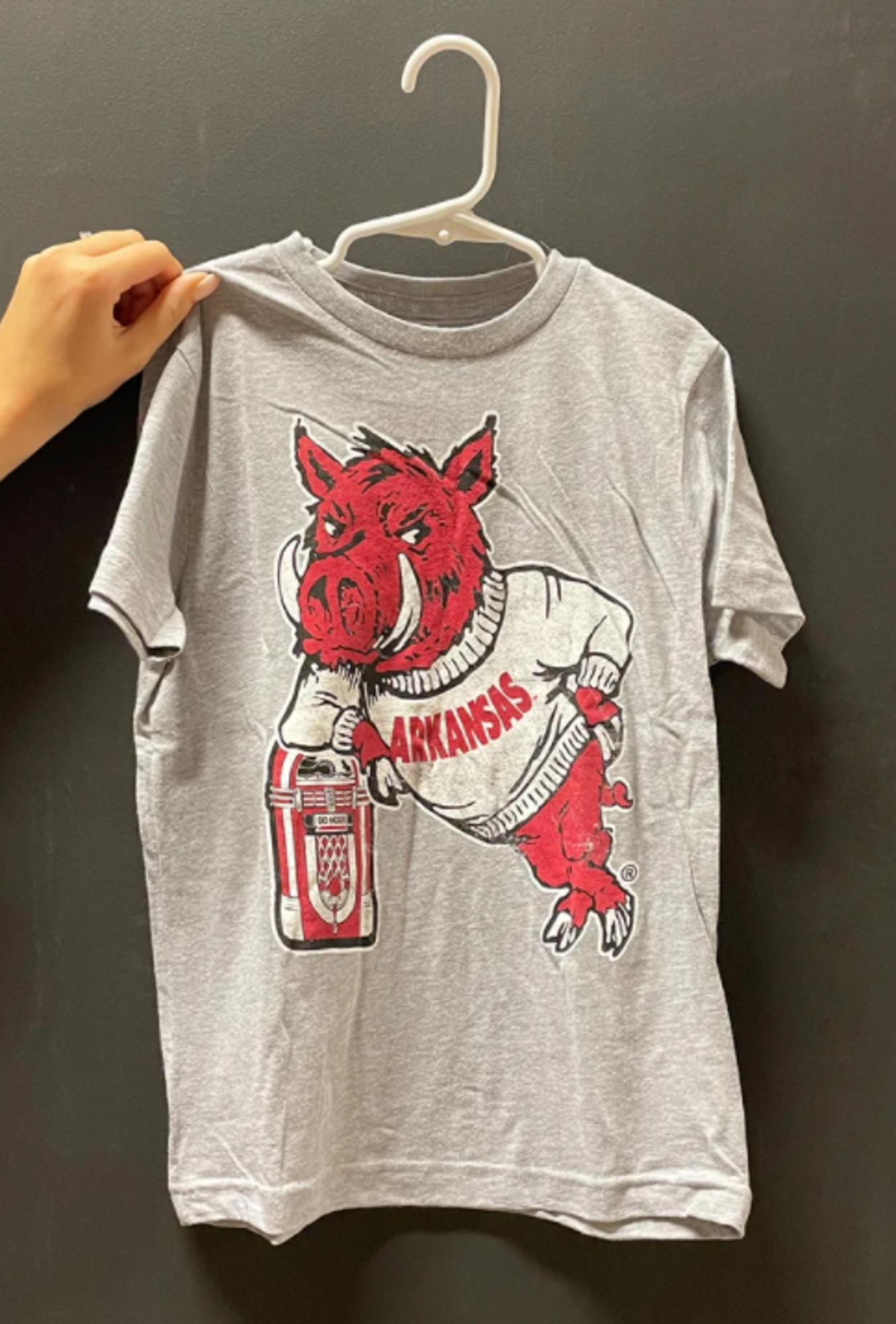 image of: Arkansas Razorbacks Football Youth Leaning on Jukebox Short Sleeve Tee- Triblend Grey